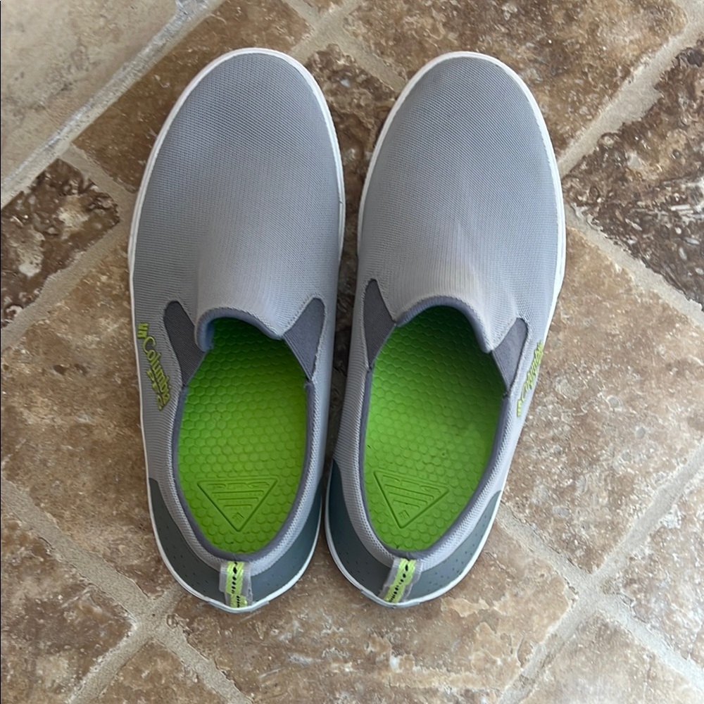 Columbia PFG Gray Slip-On Boat Shoes with Green Accent (Non Marking Soles)